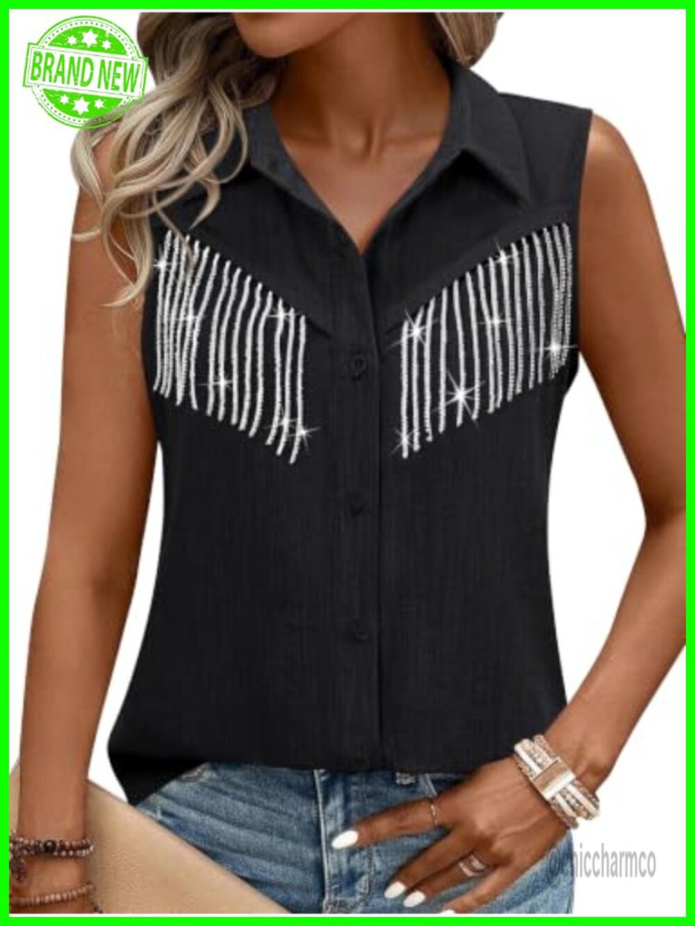 Western Fringe Button Down Shirt Sleeveless Rodeo Concert Cowgirl Top